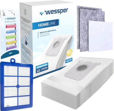 12 zakken, een set 3 filters + 1x HEPA filter en geurtjes voor de stofzuiger: AEG, Electrolux, Philips, Volta, Zanussi. Een vervanging die net zo goed is als het origineel.