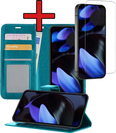 Hoesje - Met Screenprotector - Geschikt voor Google Pixel 10 - Luxe Pasjeshouder - Flipcase - Bookcase Portemonee - Flip Case - Kunstleer Book Case - Book Cover - Walletcase - Portemonneehoes - Telefoonhoes - Turquoise