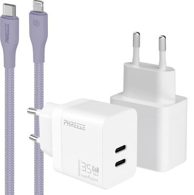 Snellader usb C oplader - Power Delivery GaN adapter met 2 usb C poorten - Geschikt voor iPhone 14 t/m 11 en iPad met Lightning kabel - Dubbele usb C oplader voor telefoon en tablet