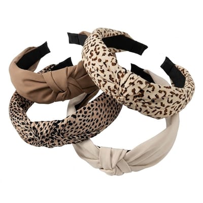 Beige en panterprint haarband set – 4 stuks brede haarbanden voor dames – knoop haar band met neutrale kleuren en dierenprint – comfortabele kunststof haarbanden