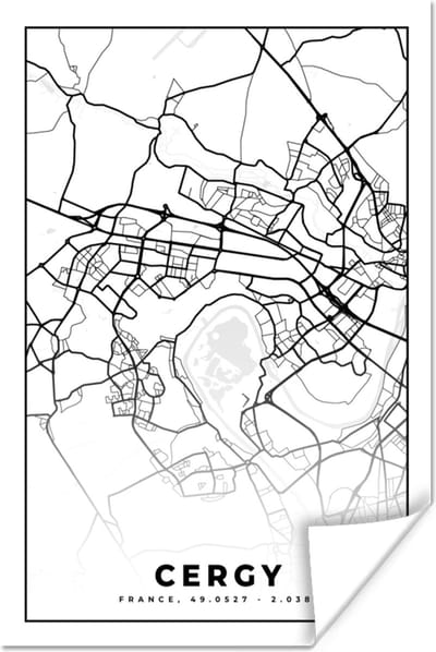 Poster Frankrijk - Kaart - Cergy - Plattegrond - Stadskaart - Zwart wit - 120x180 cm XXL