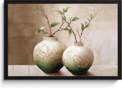 Poster in lijst - Fotolijst 60x40 cm - Posters - Bloemen - Vaas - Wit - Botanisch - Beige - Posterlijst zwart - Wanddecoratie badkamer - Muurdecoratie WC - Decoratieve accessoires - Toilet muur decoratie