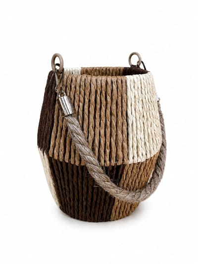Lantaarn met Glazen Houder – Gevlochten Windlicht Naturel/Bruin – Woondecoratie - 16cm