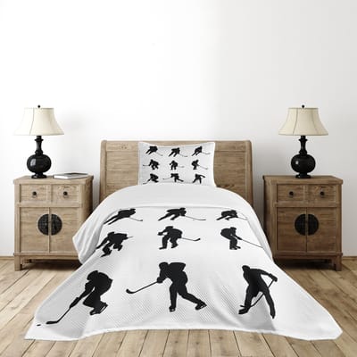 ABAKUHAUS ijshockey bedspreiset, zwarte spelerssilhouetten, gewatteerd tweedelig dekbed voor eenpersoonsbedden 170 x 220 cm, witzwart