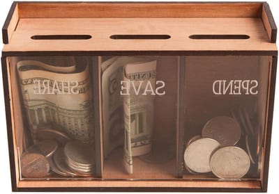 Houten Spaarvarken - Geldkistje Organizer - Geld Besparen - Drie Compartimenten - 15 x 5.7 x 10cm - Meerkleurig