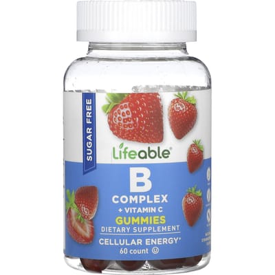 Lifeable, gommes au complexe B + vitamine C, sans sucre, arôme naturel de fraise, 60 gommes