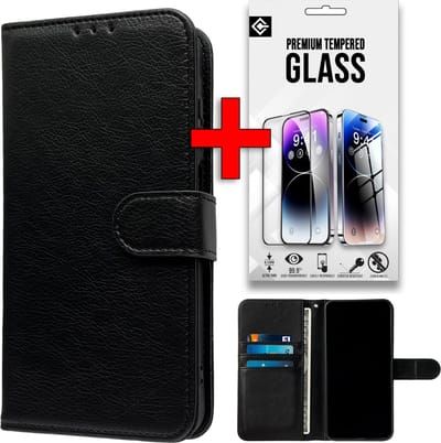 Casemania Hoesje + Glas Geschikt voor Xiaomi 14T - Zwart - Portemonnee Book Case met Pasjeshouder en Ingebouwde Standaard - Glazen Screenprotector