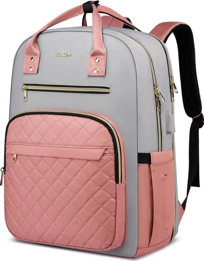 Rugzak voor dames, schoolrugzak, vrouwen, schooltas, meisjes, tieners, dagrugzak met USB en laptopvak voor school, universiteit, kantoor, werk, stad, lichtrozegrijs