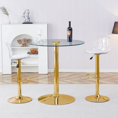 MODFU - Bartafelset Met 2 Barkrukken - Verstelbaar En Draaibaar - Modern - Glas Metaal Kunststof - Goud Transparant - 89 Cm