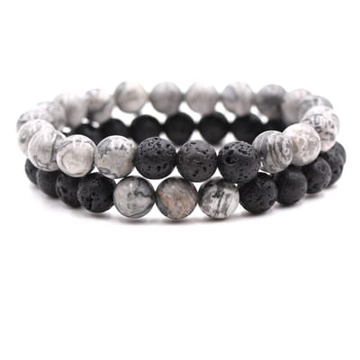 Bixorp Gems Dubbele Natuursteen Armband voor Man & Vrouw - Grijs/Zwart contrast - Edelsteen Armband Cadeau - Lavasteen - 20cm