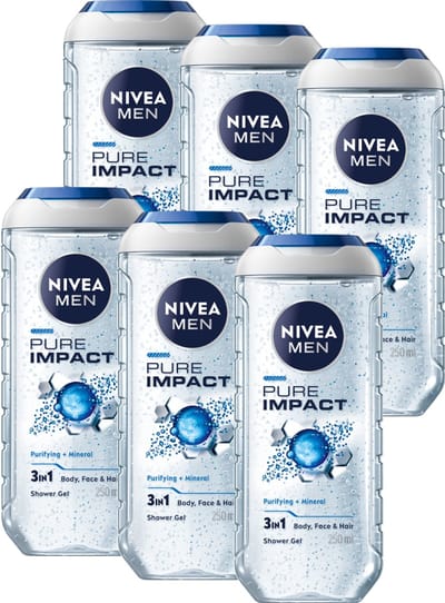 NIVEA MEN Pure impact Douchegel Mannen - 3-in-1 Shower Gel - Shampoo - Voordeelverpakking - 6 x 250 ML