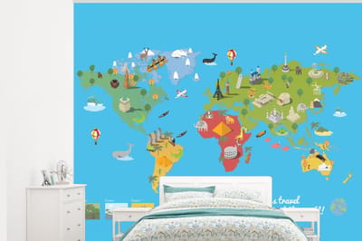 Behang - Fotobehang Wereldkaart Kinderen - Modern - Symbolen - Breedte 375 cm x hoogte 300 cm