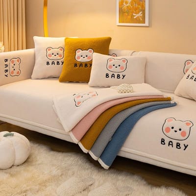 Lamsvacht Warme Velvet Bankkussen Winter Verdikt Pluche Cartoon Borduurwerk Bankhoes Decoratief Stof Dicht Anti-Slip Rugleuning Hoes 70x70cm 1pcs