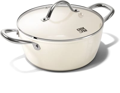 Cook & Pan Kookpan met Deksel Ø 24 cm Crème - PFAS vrij - Alle Warmtebronnen - Cool Touch Handgreep - Honingraat Pan met 7 jaar Garantie - Krasbestendige Anti Aanbaklaag - Vaatwasserbestendig - Gas, Inductie, Elektrisch, Oven