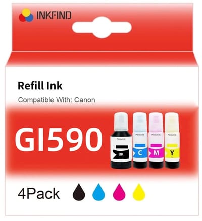 INKFIND GI590 GI490 inkt geschikt voor CanonGI590 GI490 CanonGI-590 GI-490 GI590 GI-590 Canon GI-590 Megatank 4-kleuren multipack voor Canon PIXMA G1400 G1410 G2400 G2410 G3400 G4400 G4411 G1500 G1510 G2500 G2510 G3500 G3510 G4500 G1501 5600