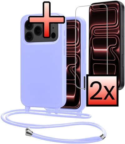 Hoes Geschikt voor iPhone 17 Pro Met Telefoonkoord Met 2x Screenprotector - Siliconen Hoesje Backcover Met Ketting - Lila