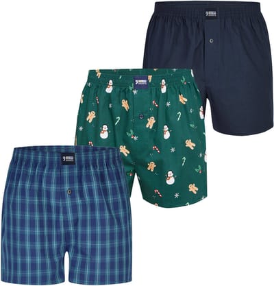 Happy Shorts Wijde Boxershorts Heren Kerst 3-Pack Geruit/Print/Effen - Maat M