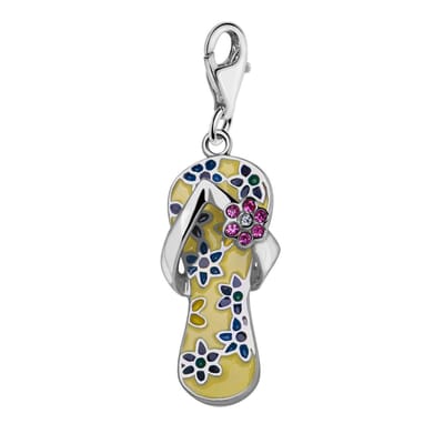 Quiges – 925 - Zilver – Charm - Bedel - Hanger - Slipper Geel met Blauw en Roze Zirkonia Bloem - met – sterling - zilver - karabijnslot - geschikt - voor - Bedelarmband HC321