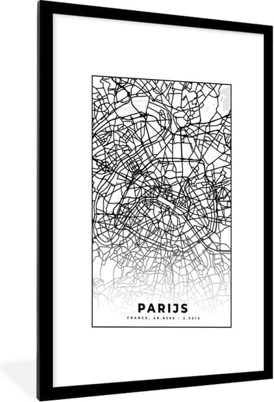 Fotolijst incl. Poster Zwart Wit- Parijs - Stadskaart - Zwart Wit - Plattegrond - Kaart - 60x90 cm - Posterlijst