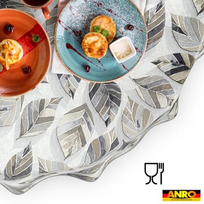 ANRO Tafelkleed Bladeren Grijs Rond Ø100cm Met sierband Afwasbaar Waterafstotend Binnen & Buiten