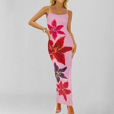 Nieuwe Lente Stijl Stijlvolle en Elegante Bedrukte Temperament Mouwloze Jurk met Spaghettibandjes M pink