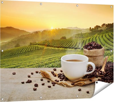 Gards Tuinposter Kopje Koffie op een Plantage Achtergrond6 - 120x90 cm - Tuindoek - Tuindecoratie - Wanddecoratie buiten - Tuinschilderij