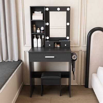 MODFU Kaptafel met spiegel – 60x38x131.5 cm – Dimbare LED verlichting & stopcontact – Met laden en kruk – MDF – Zwart
