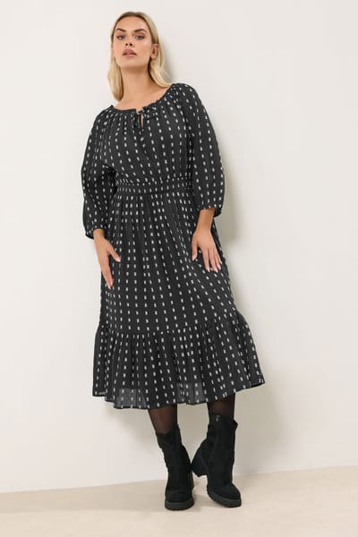 Yours Katoenen Lange Jurk Met Bardothals En Stippenprint In Zwart Size 42
