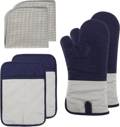 Siliconen ovenwanten set - Hittebestendige handschoenen - Veilig koken en grillen - Antislip siliconen ontwerp - 6 delige set - Donkerblauw