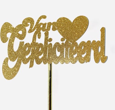 Taartdecoratie versiering| Taarttopper| Cake topper |Gefeliciteerd| Verjaardag| Hart |Goud glitter|14 cm| karton