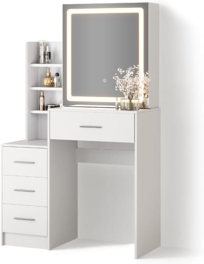 Kaptafel met Spiegel - Make-up tafel - Snel Klaarmaken - Ingebouwde LED-verlichting - 80 cm breed - Wit