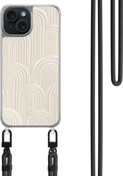 Hoesje met koord geschikt voor iPhone 15 - Modern waves - Inclusief zwart koord - Crossbody beschermhoes - Transparant, Beige - Mooie Telefoonhoesjes