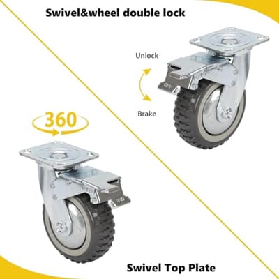 Zware Wielen voor Meubels, 150 mm, Massief Rubber, 2 Remwielen, 2 Zwenkwielen, Draagvermogen tot 600 kg, Perfect voor Binnen en Buiten