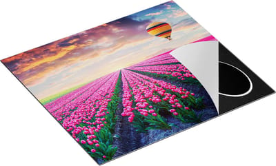 Chefcare Inductie Beschermer Bloemenveld met Roze Tulpen - Luchtballon - 60x50 cm - Afdekplaat Inductie - Kookplaat Beschermer - Inductie Mat