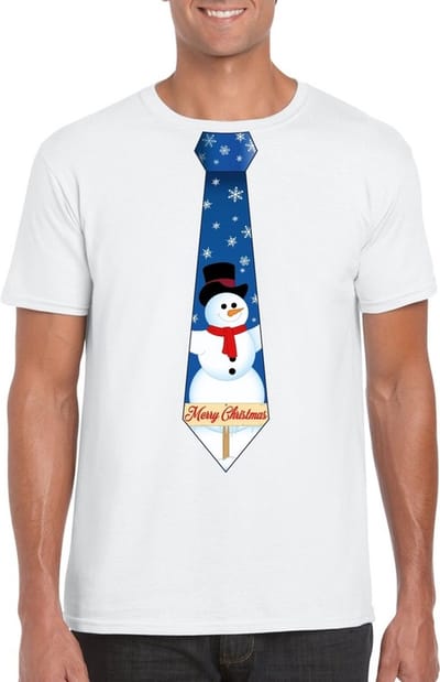 Foute kersttrui t-shirt - met sneeuwpop stropdas print - wit - voor heren - korte mouwen S