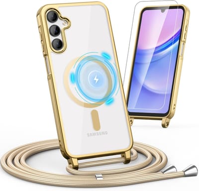 Casemania Hoesje & Glas Geschikt voor Samsung Galaxy S25 Plus & S24 Plus - Goud - Siliconen Back Cover met Koord - Geschikt voor MagSafe - Telefoonhoesje met Koord - Crossbody