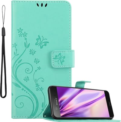 Cadorabo Hoesje geschikt voor Sony Xperia XZ1 COMPACT in BLOEMEN TURKOOIS - Beschermhoes in bloemmotief met magnetische sluiting, standfunctie en kaartsleuven Book Case Cover Etui