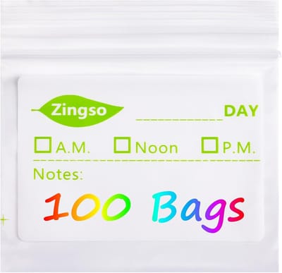 Thijox - Kleine tabletzakjes voor reisgebruik - 100 stuks waterdichte medicijnenzakjes met etiketten voor medicijnen, dosering en vervaldata