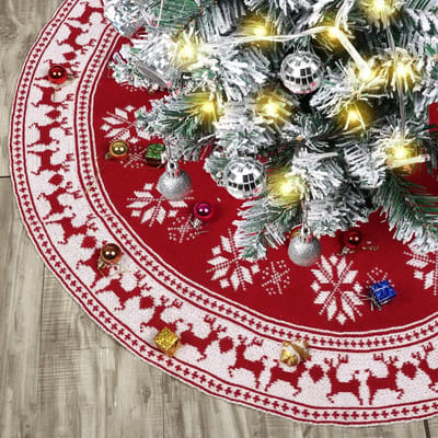Ronde Grote Kerstboomdeken voor Kerstboomdecoratie, Dikke Gebreide Dubbelzijdige Deken met Sneeuwvlokken en Rendieren voor de Feestdagen