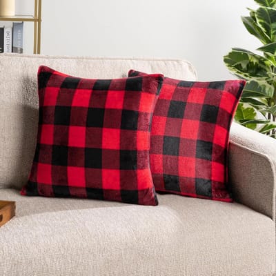 Plaid Sierkussens - Kussenhoezen Vierkant - Bank Decoratie - Zachte Fluwelen Fleece - 20 x 20 cm - Rood Zwart