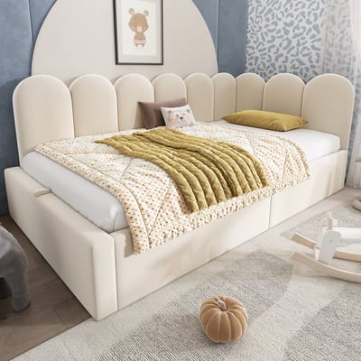 STILVORA Gestoffeerd Dagbed 90x190cm – Hydraulische Opbergruimte & Speels Rasterhoofddeel – Voor Kinder- en Gastenkamer – Fluweel – Beige – Zonder Matras
