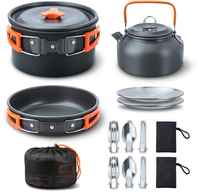 Camping Kookset 16-delig – Outdoor Kookgerei met Pan, Koekenpan & Waterketel – Nestbaar & Lichtgewicht – Geschikt voor 2–3 Personen – Oranje Handgrepen