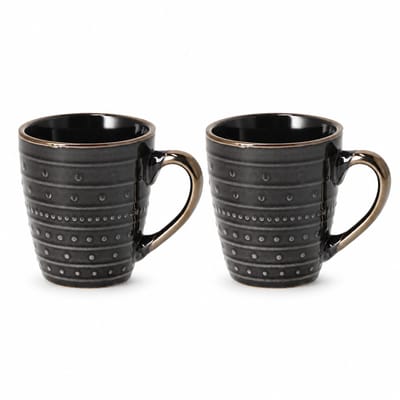 Koffiemokken Set van 2 – Keramische Koffiemokken met Oor 200 ml – Zwart Goud met Reliëfpatroon – Servies voor Koffie, Cappuccino, Espresso en Thee