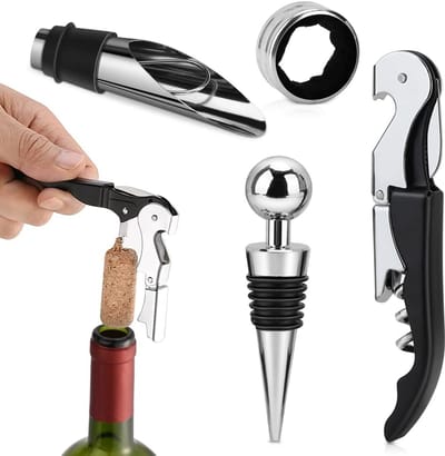 Thijox - Kurkentrekker Set Roestvrij Staal Wijnopener 4-in-1 Metalen Wijnstopper Wijnring Wijnschenker Professionele Wijnaccessoireset Voor Feest, Cam