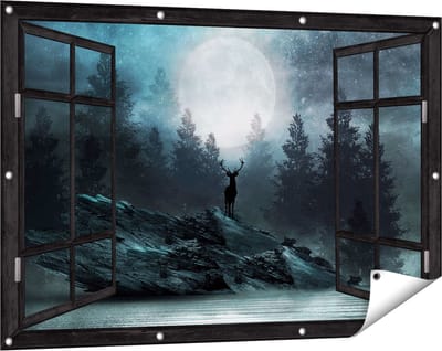 Gards Tuinposter Doorkijk Hert op een Rots tijdens Volle Maan - 120x80 cm - Tuindoek - Tuindecoratie - Wanddecoratie buiten - Tuinschilderij