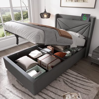 MODFU Bedframe 90x200 cm – Katoen-linnen met geometrisch hoofdbord & USB/Type-C – Hydraulisch – Grijs
