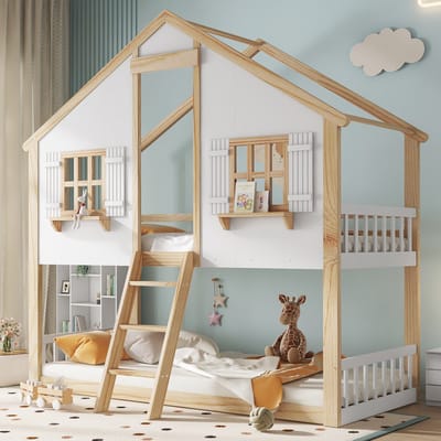 DESMIU Stapelbed 90x200 cm – Kinderbed met Dak en Ramen – Met Schuine Drietrapsladder en Veiligheidshekken – Zonder matras – Massief Hout en MDF – Wit en Naturel