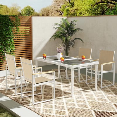Sweiko Tuin Dining loungeset - 5-delig - Glazen tafelblad - 4 stoel - Stalen frame - Wit