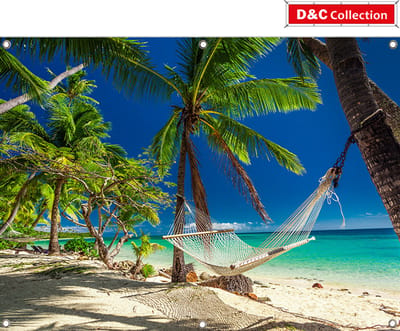 Strand poster - 130x95 cm - tuinposter met tropisch strand en hangmat - palmbomen - tuindoek omgezoomd met 6 ringen - balkon decoratie