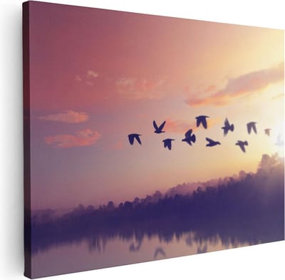 Artaza Canvas Schilderij Zonsondergang - 40x30 cm - Klein - Wanddecoratie Vogels - Muurdecoratie Silhouet - Kamer Accessoires